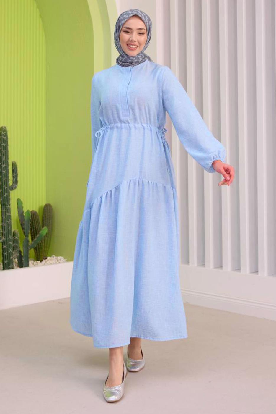 Tesettür giyim MAVİ BELİ BÜZGÜLÜ ELBİSE T 15542