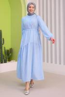 Tesettür giyim MAVİ BELİ BÜZGÜLÜ ELBİSE T 15542