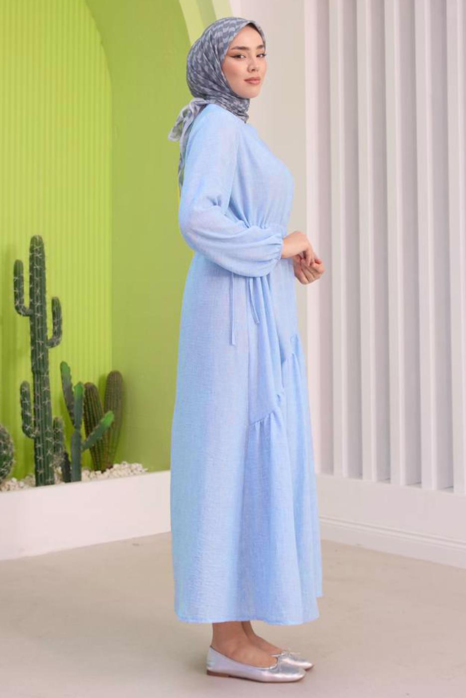 Tesettür giyim MAVİ BELİ BÜZGÜLÜ ELBİSE T 15542