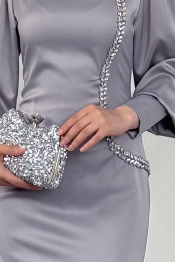 Tesettür giyim GRİ TAŞ DETAYLI ABİYE ELBİSE T 1715 - TRENDTESETTÜR