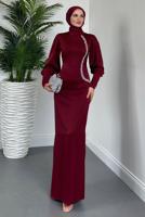 Tesettür giyim BORDO TAŞ DETAYLI ABİYE ELBİSE T 1715