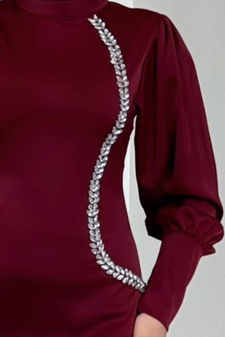 Tesettür giyim BORDO TAŞ DETAYLI ABİYE ELBİSE T 1715