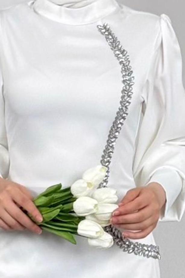 Tesettür giyim EKRU TAŞ DETAYLI ABİYE ELBİSE T 1715 - TRENDTESETTÜR