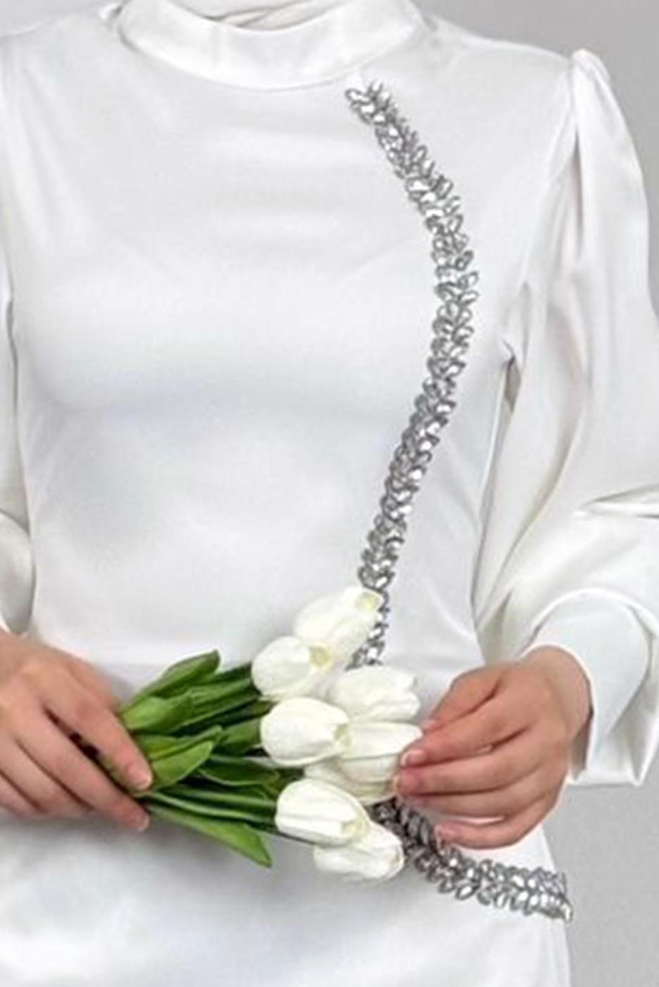 Tesettür giyim EKRU TAŞ DETAYLI ABİYE ELBİSE T 1715