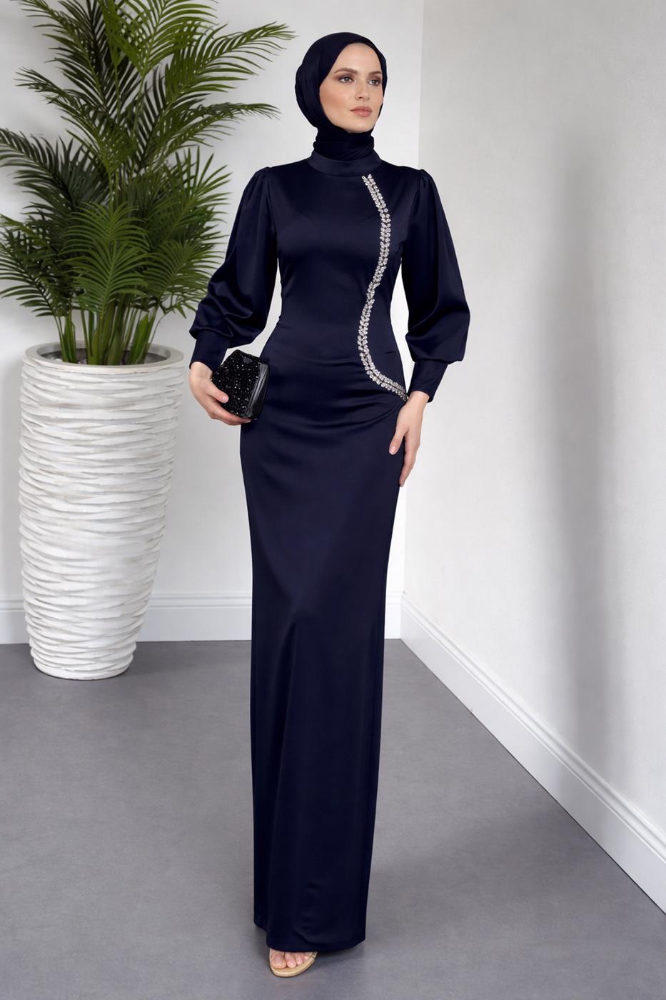 Tesettür giyim LACİVERT TAŞ DETAYLI ABİYE ELBİSE T 1715