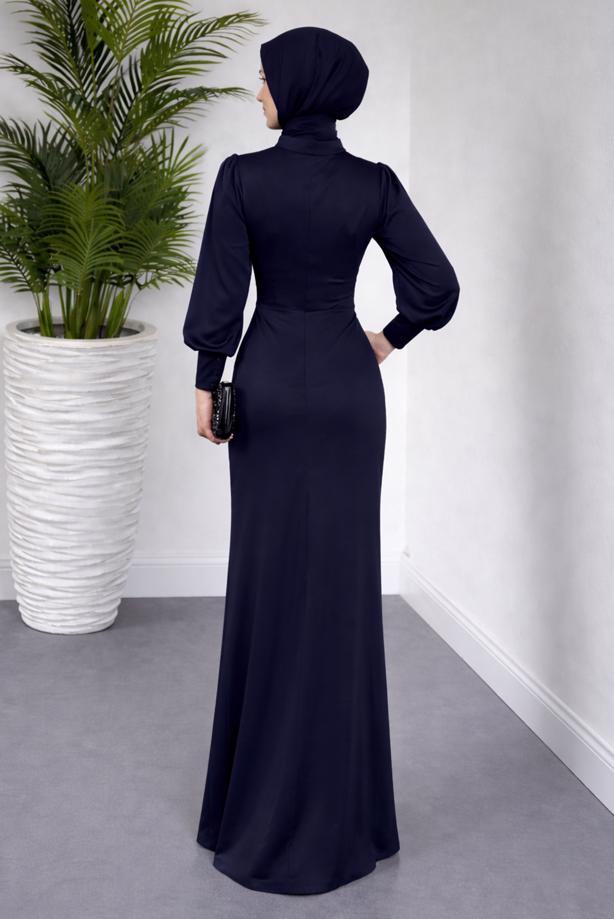 Hijab clothing NAVY BLUE GEM DETAILED EVENING DRESS T 1715  - TRENDTESETTÜR