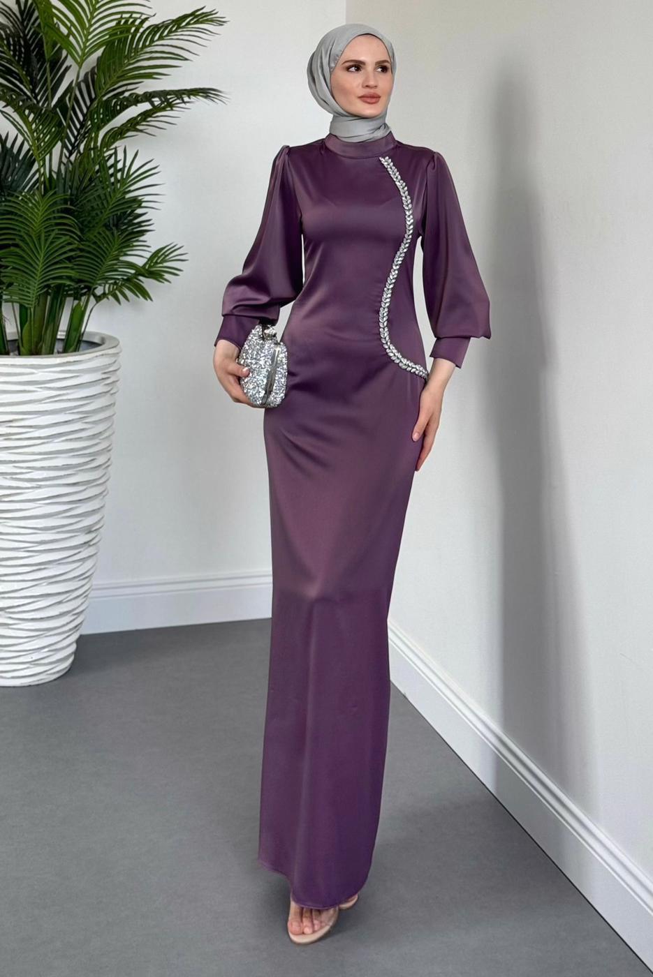 Tesettür giyim MOR TAŞ DETAYLI ABİYE ELBİSE T 1715