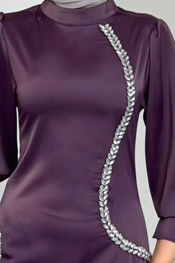 Tesettür giyim MOR TAŞ DETAYLI ABİYE ELBİSE T 1715 - TRENDTESETTÜR