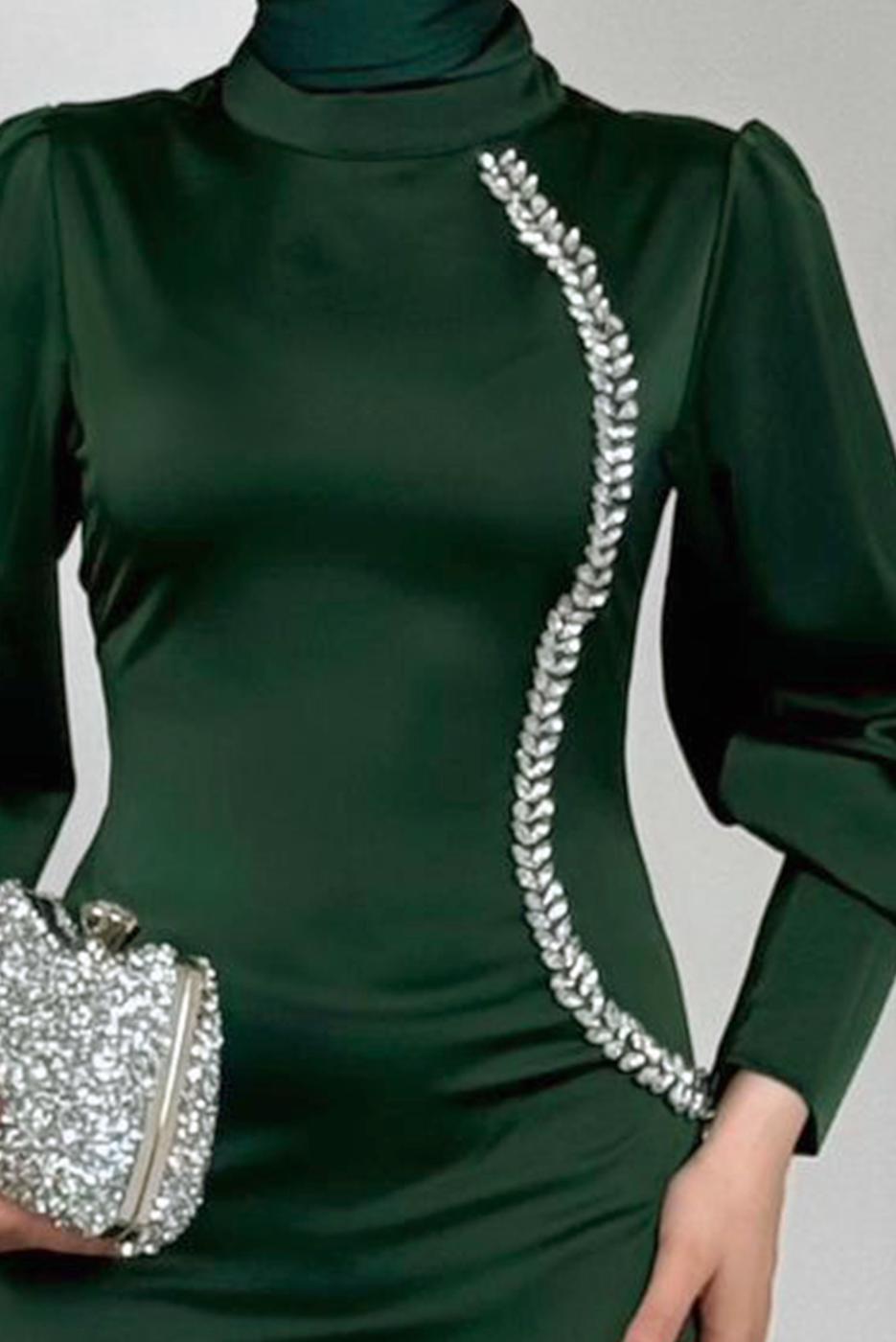 Tesettür giyim YEŞİL TAŞ DETAYLI ABİYE ELBİSE T 1715