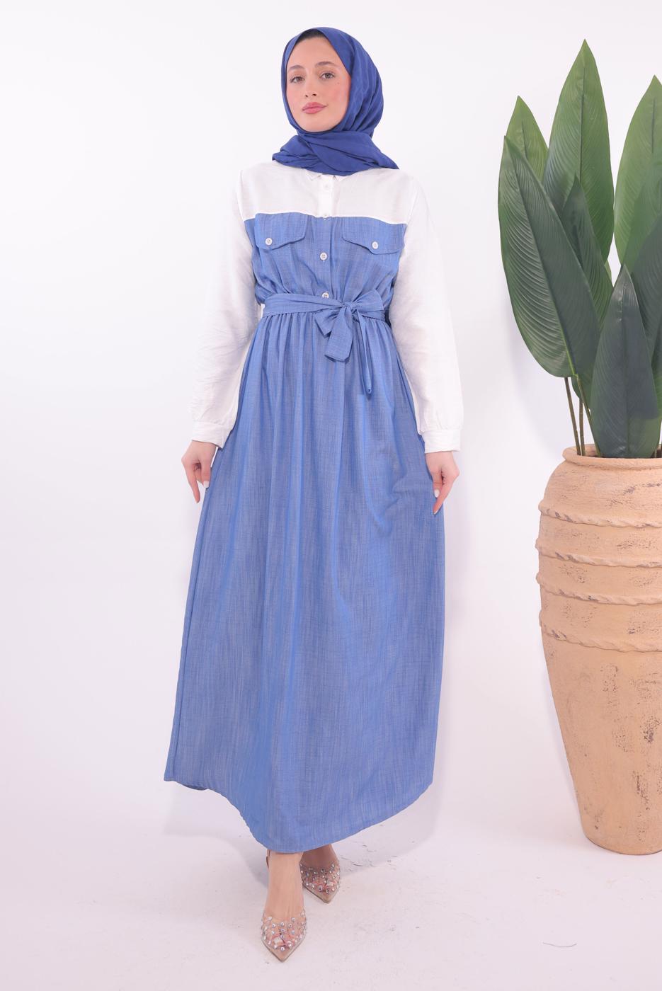 Tesettür giyim MAVİ KUŞAKLI GARNİLİ ELBİSE T 1774