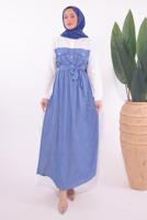Tesettür giyim MAVİ KUŞAKLI GARNİLİ ELBİSE T 1774