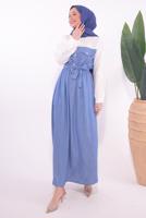 Tesettür giyim MAVİ KUŞAKLI GARNİLİ ELBİSE T 1774