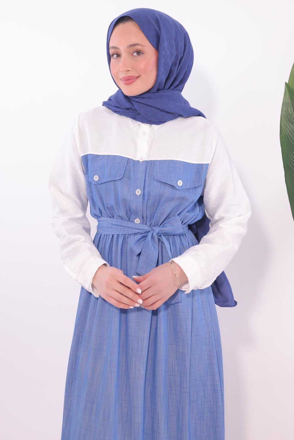Tesettür giyim MAVİ KUŞAKLI GARNİLİ ELBİSE T 1774
