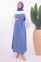 Tesettür giyim MAVİ KUŞAKLI GARNİLİ ELBİSE T 1774