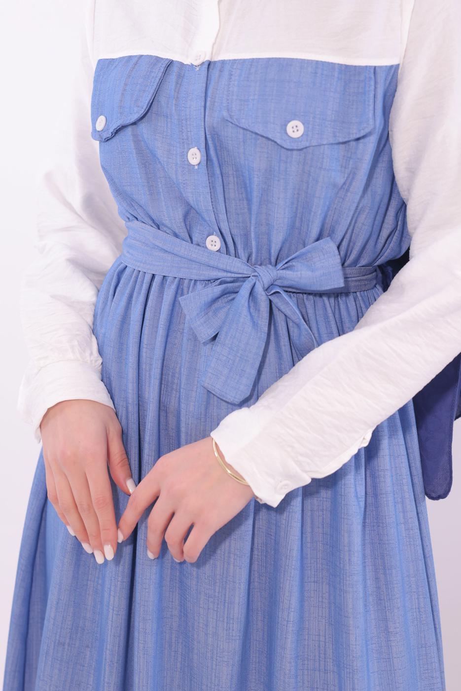 Tesettür giyim MAVİ KUŞAKLI GARNİLİ ELBİSE T 1774