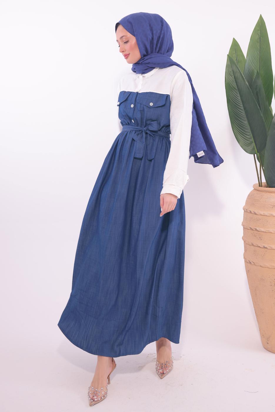 Hijab clothing NAVY BLUE BELTED DRESS T 1774