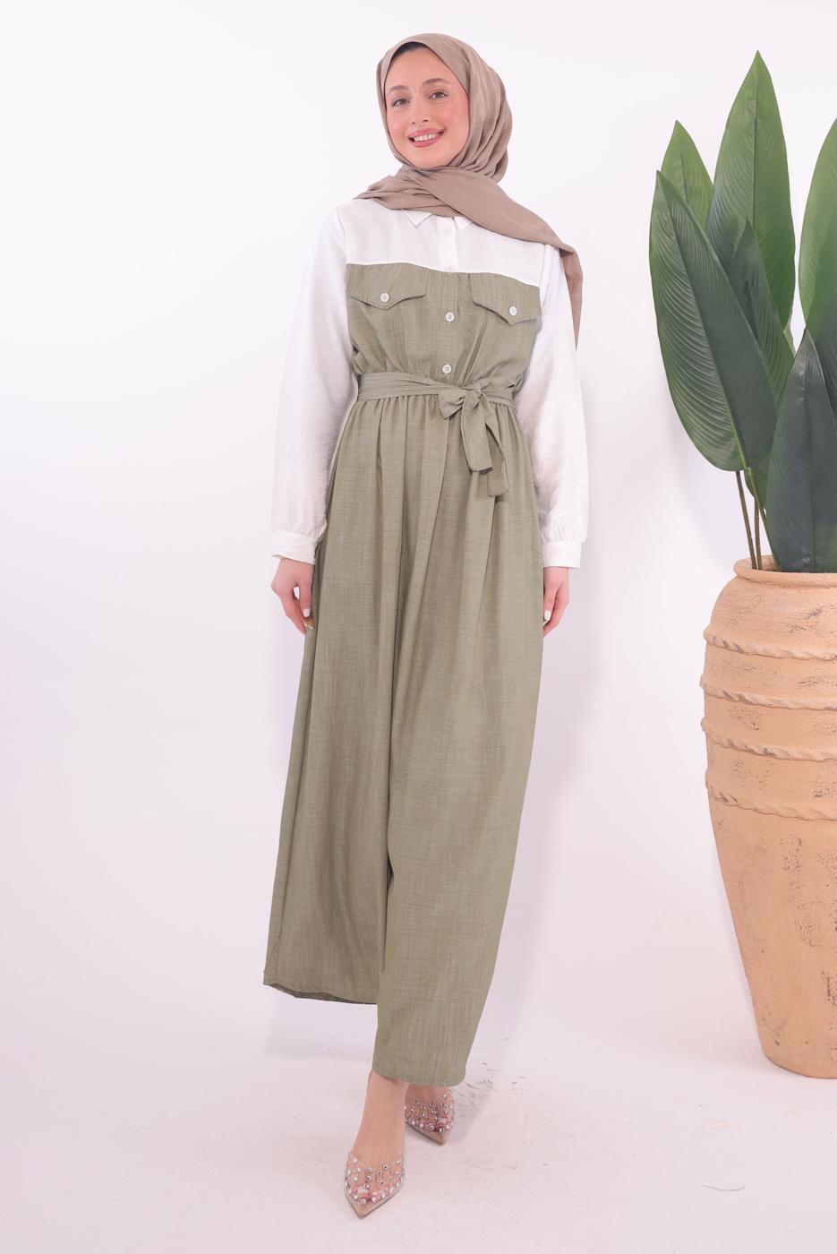 Tesettür giyim VİZON KUŞAKLI GARNİLİ ELBİSE T 1774