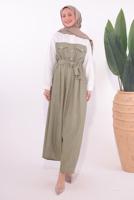 Tesettür giyim VİZON KUŞAKLI GARNİLİ ELBİSE T 1774
