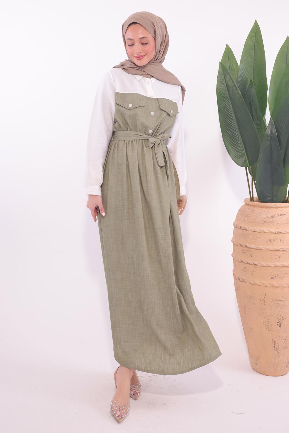 Tesettür giyim VİZON KUŞAKLI GARNİLİ ELBİSE T 1774