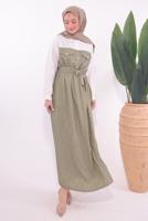 Tesettür giyim VİZON KUŞAKLI GARNİLİ ELBİSE T 1774