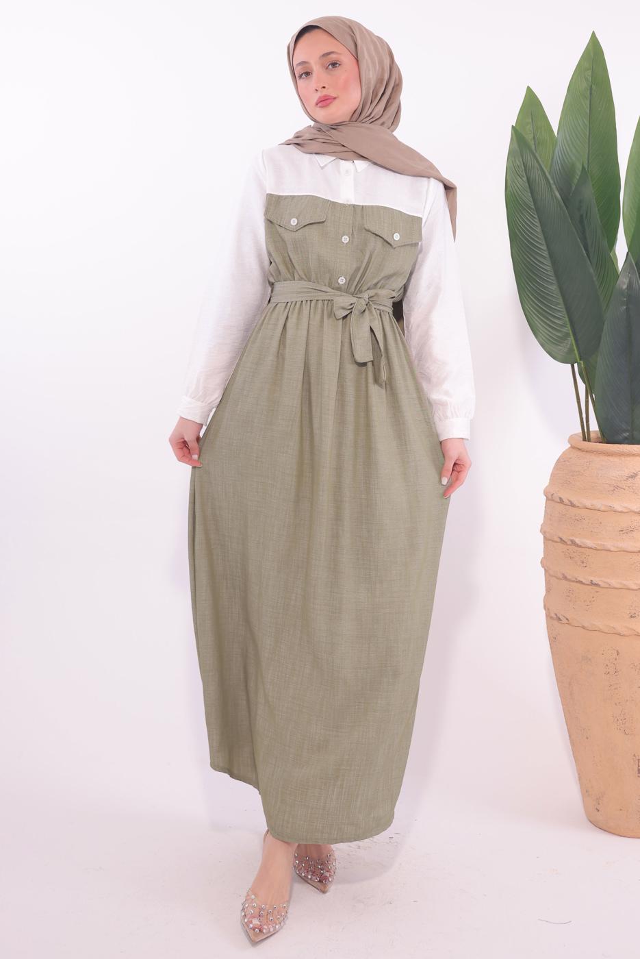 Tesettür giyim VİZON KUŞAKLI GARNİLİ ELBİSE T 1774