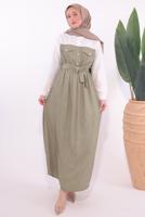 Tesettür giyim VİZON KUŞAKLI GARNİLİ ELBİSE T 1774