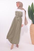 Tesettür giyim VİZON KUŞAKLI GARNİLİ ELBİSE T 1774