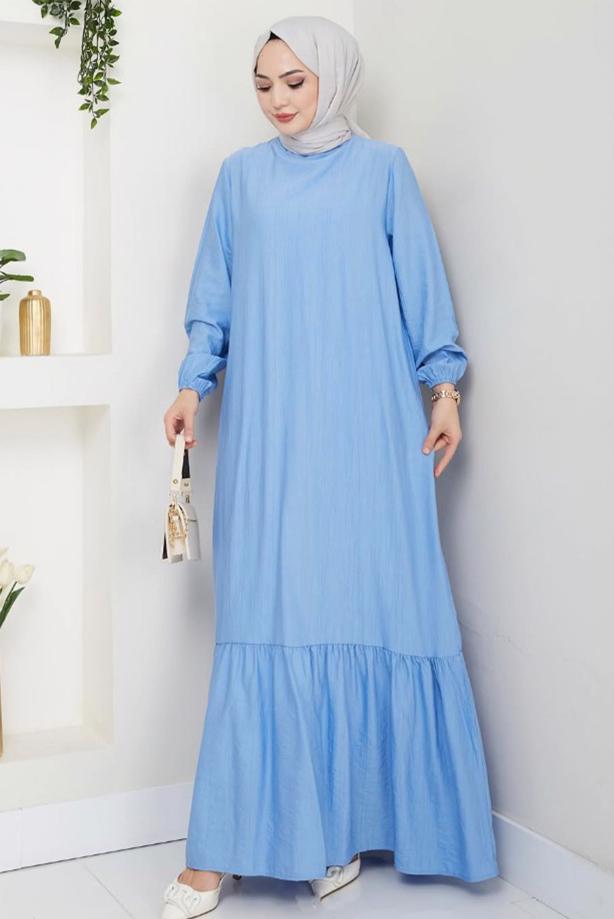 Tesettür giyim MAVİ SALAŞ ELBİSE T 1990 - TRENDTESETTÜR