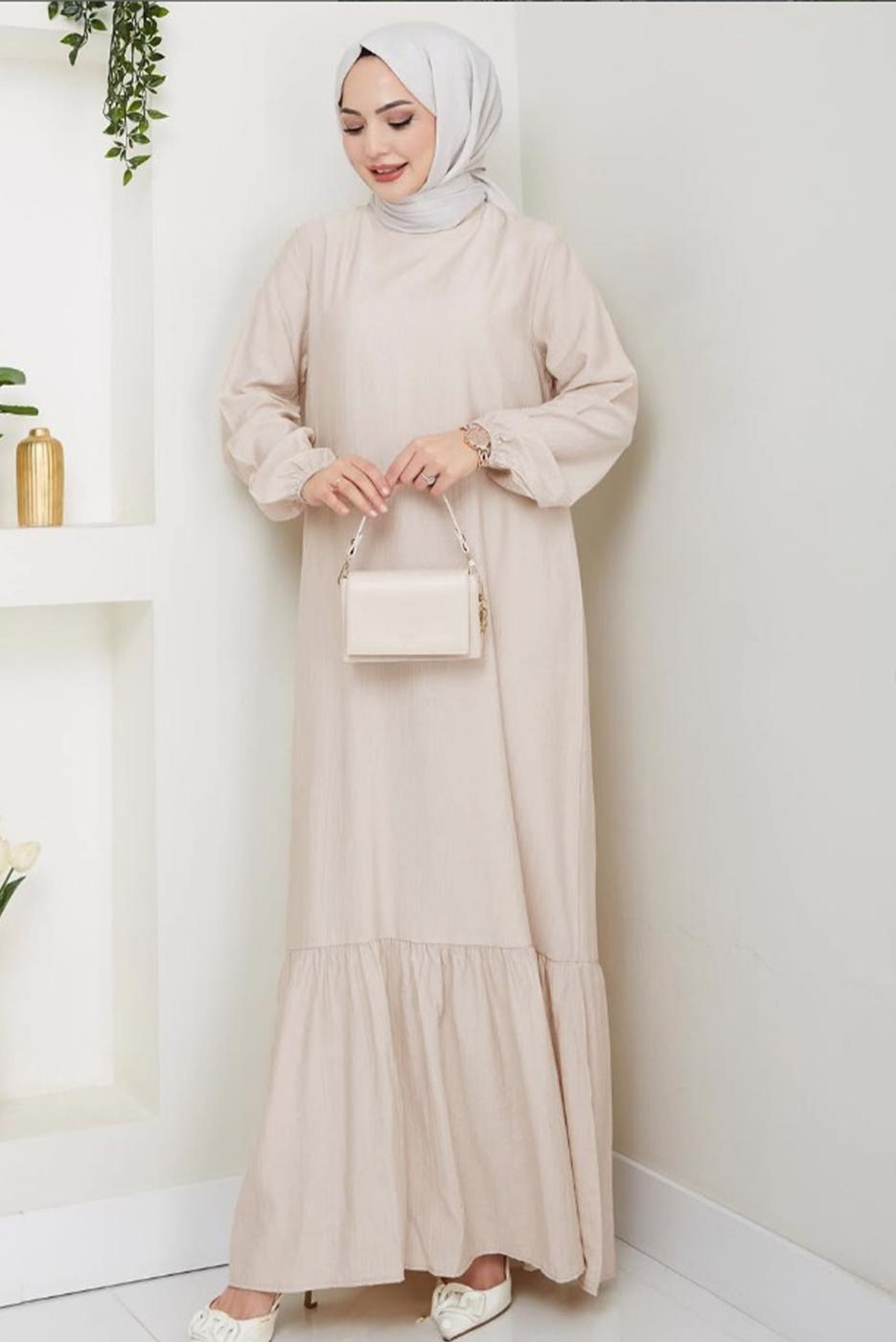 Tesettür giyim BEJ SALAŞ ELBİSE T 1990