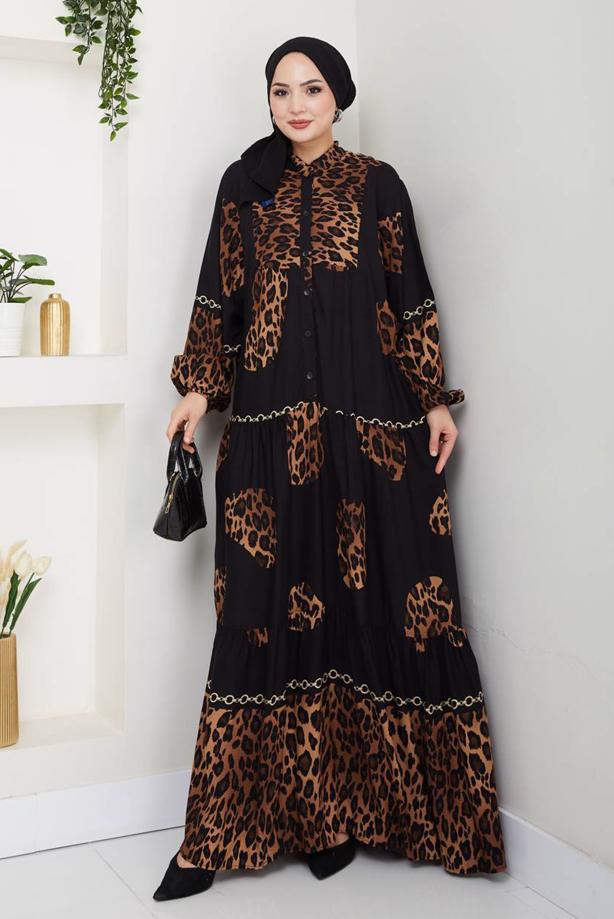 Tesettür giyim SİYAH LEOPAR DESENLİ ELBİSE T 1995 - TRENDTESETTÜR