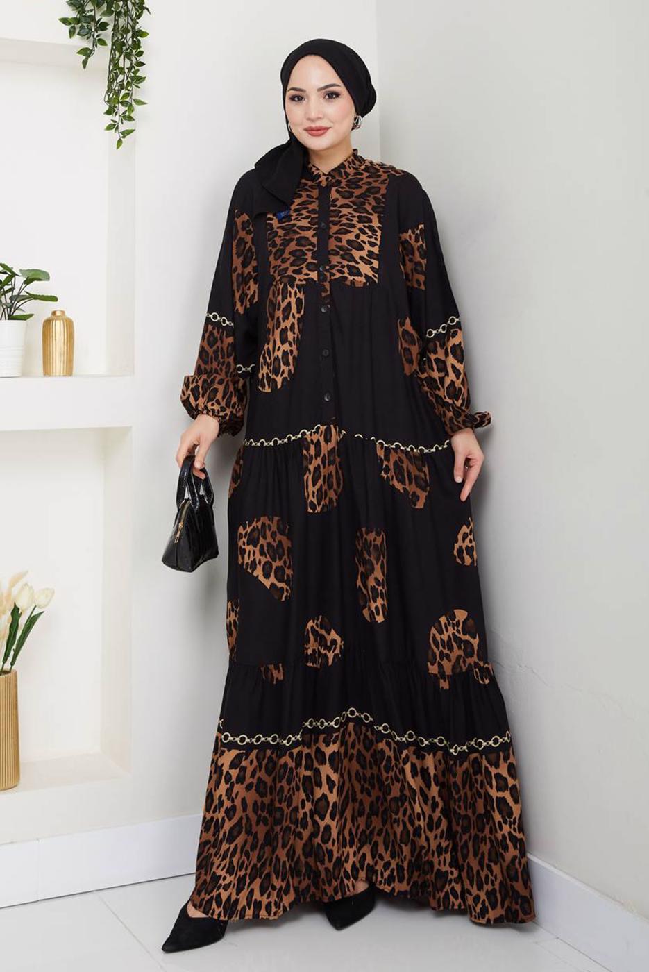 Tesettür giyim SİYAH LEOPAR DESENLİ ELBİSE T 1995
