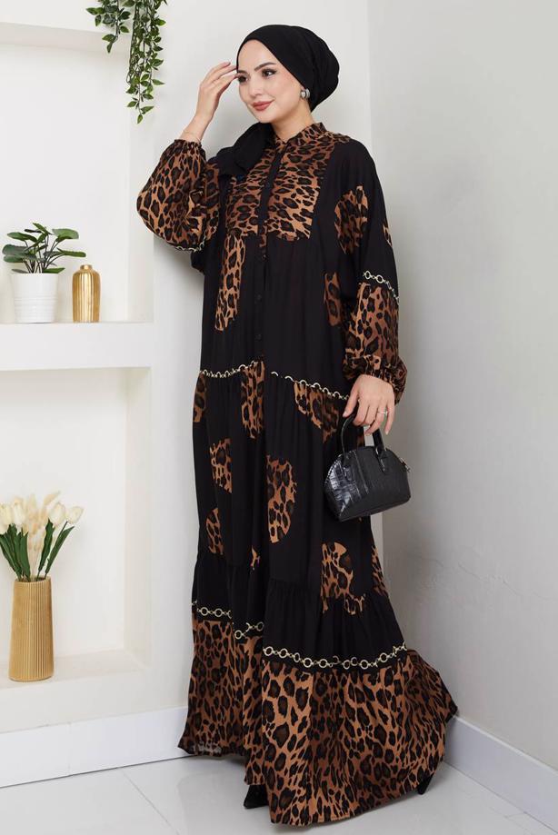 Tesettür giyim SİYAH LEOPAR DESENLİ ELBİSE T 1995 - TRENDTESETTÜR