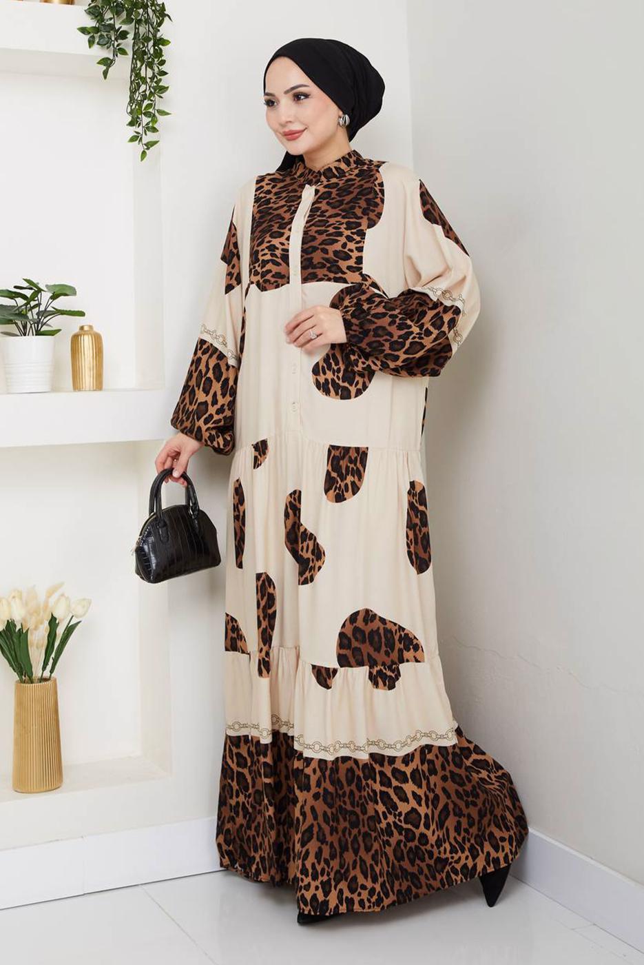 Tesettür giyim BEJ LEOPAR DESENLİ ELBİSE T 1995