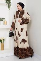 Tesettür giyim BEJ LEOPAR DESENLİ ELBİSE T 1995