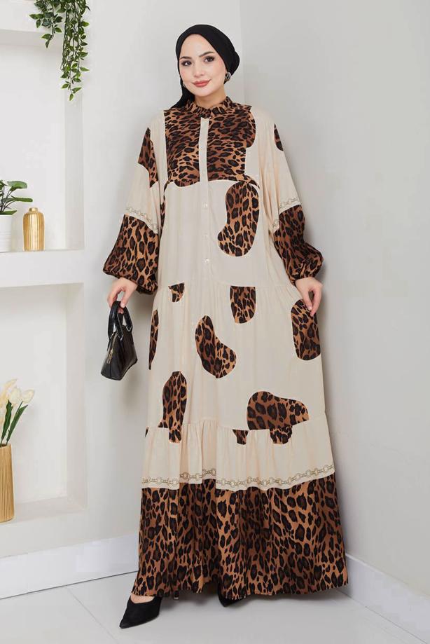 Tesettür giyim BEJ LEOPAR DESENLİ ELBİSE T 1995 - TRENDTESETTÜR