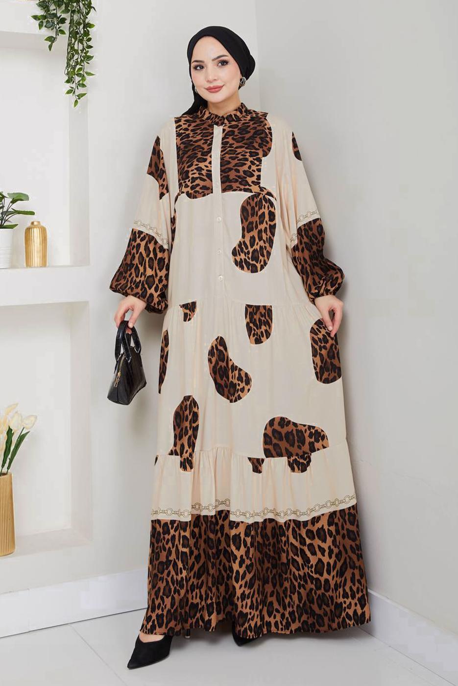 Tesettür giyim BEJ LEOPAR DESENLİ ELBİSE T 1995