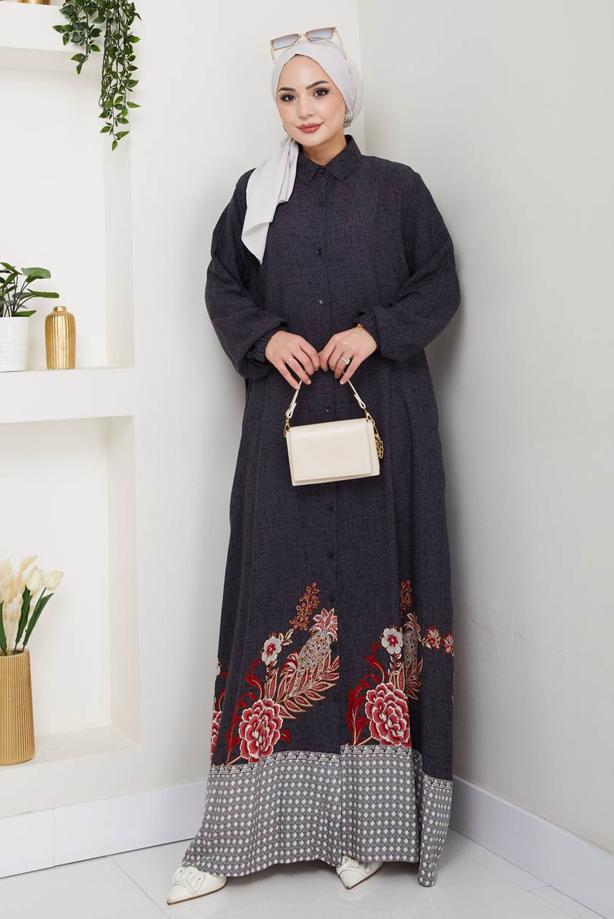Tesettür giyim SİYAH DESENLİ ELBİSE T 1997 - TRENDTESETTÜR