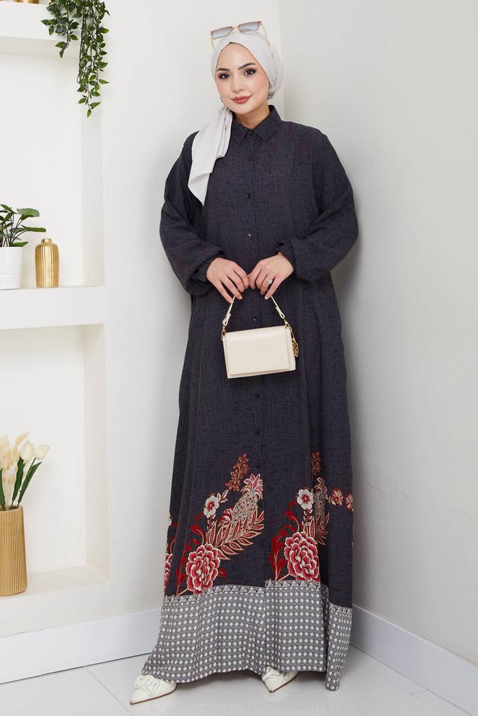 Tesettür giyim SİYAH DESENLİ ELBİSE T 1997