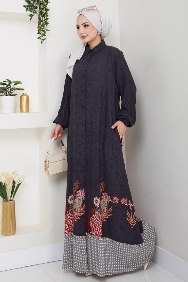 Tesettür giyim SİYAH DESENLİ ELBİSE T 1997 - TRENDTESETTÜR