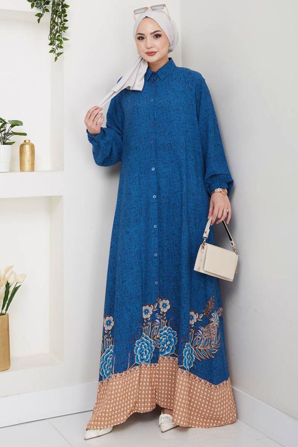 Tesettür giyim LACİVERT DESENLİ ELBİSE T 1997 - TRENDTESETTÜR