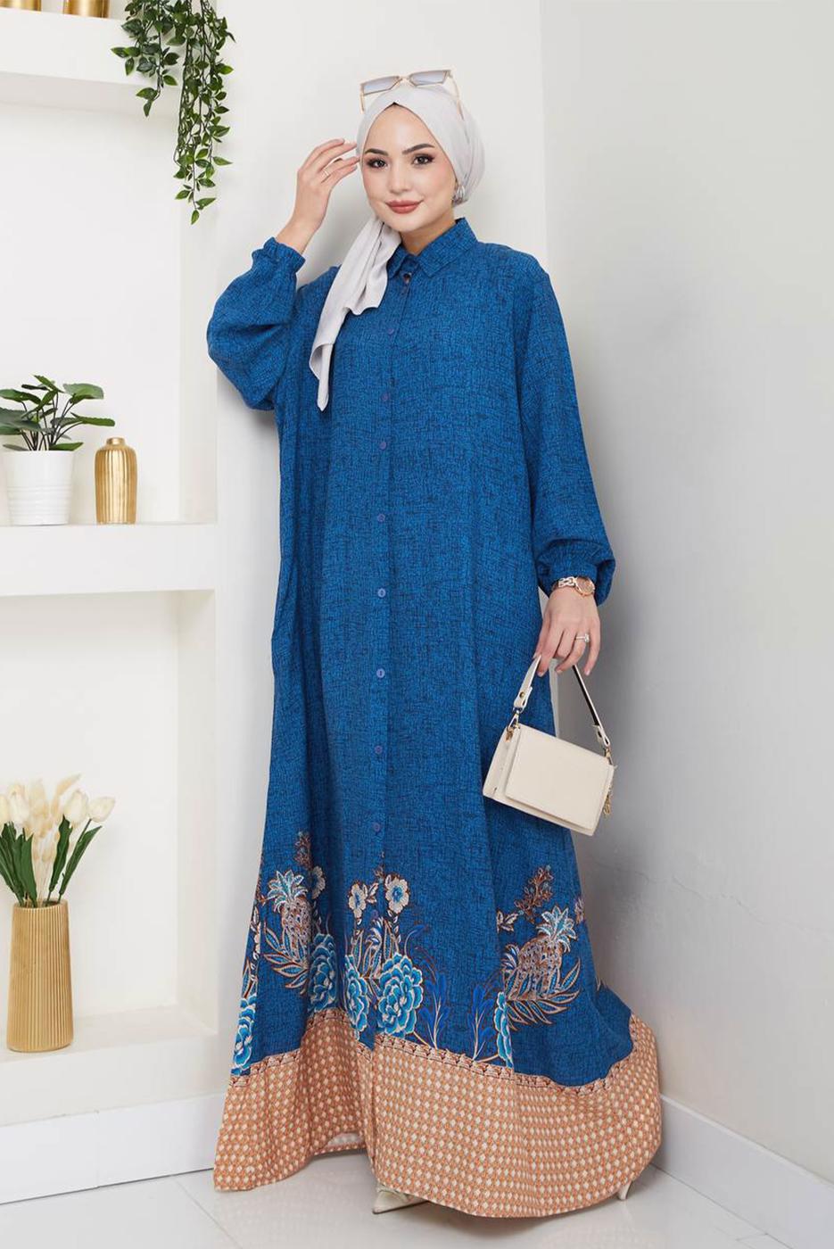 Tesettür giyim LACİVERT DESENLİ ELBİSE T 1997