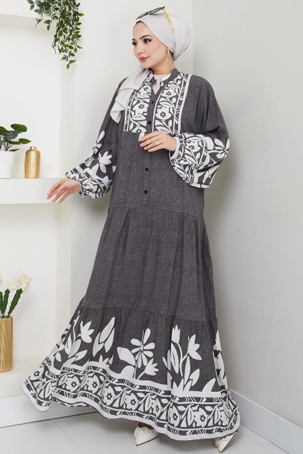 Tesettür giyim GRİ DESENLİ ELBİSE T 1999 - TRENDTESETTÜR