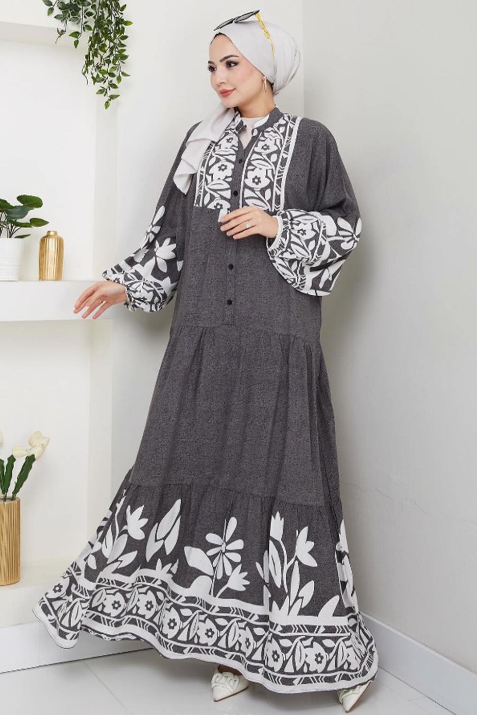 Tesettür giyim GRİ DESENLİ ELBİSE T 1999