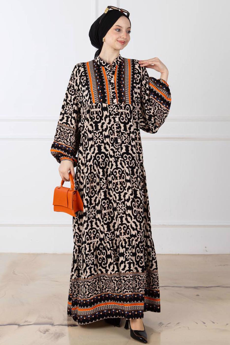 Tesettür giyim TURUNCU DESENLİ ELBİSE T 2186