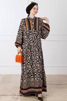 Tesettür giyim TURUNCU DESENLİ ELBİSE T 2186