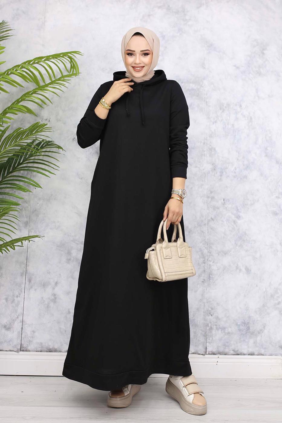Tesettür giyim SİYAH KAPÜŞONLU ELBİSE T 2405
