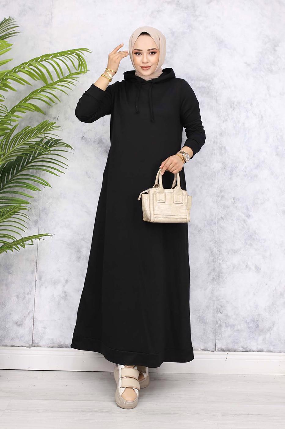 Tesettür giyim SİYAH KAPÜŞONLU ELBİSE T 2405