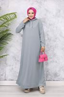Tesettür giyim GRİ KAPÜŞONLU ELBİSE T 2405