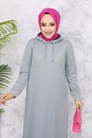 Tesettür giyim GRİ KAPÜŞONLU ELBİSE T 2405
