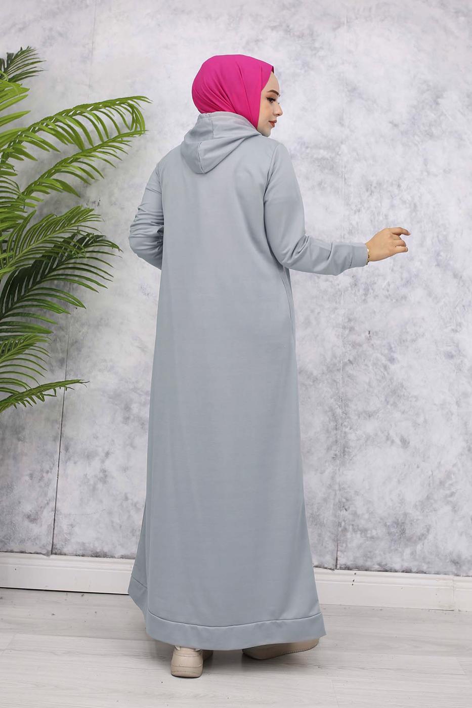 Tesettür giyim GRİ KAPÜŞONLU ELBİSE T 2405